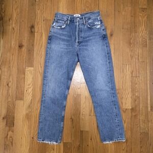 Agolde High Rise Jeans Riley Raw Hem Slim Straight Blue Distressed Button Fly 24